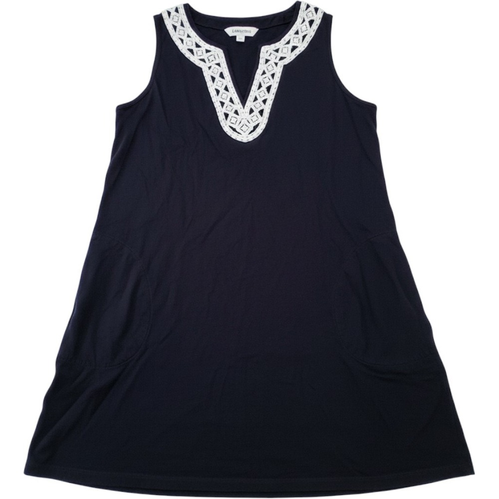 Lands End Sleeveless Dress L Navy Blue Crochet Lace Trim Coastal Preppy Z873